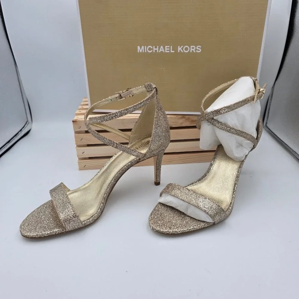 Michael Kors Ava‎ Mid Sandal Women Size 8 Sand Gold Glitter Mesh 40F9AVMA3D Heel